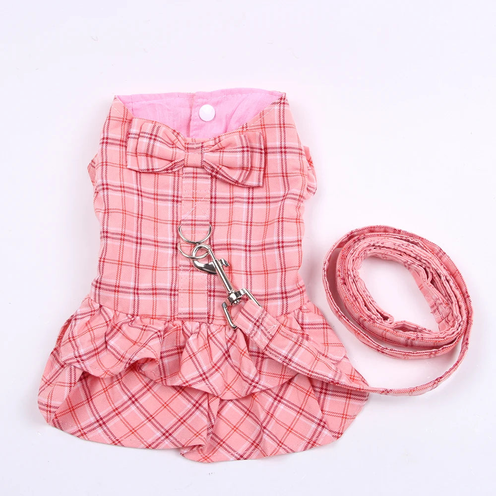 Plaid & Bow Dog Dress with Leash A0067