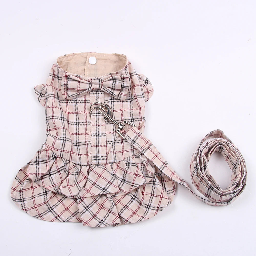 Plaid & Bow Dog Dress with Leash A0067