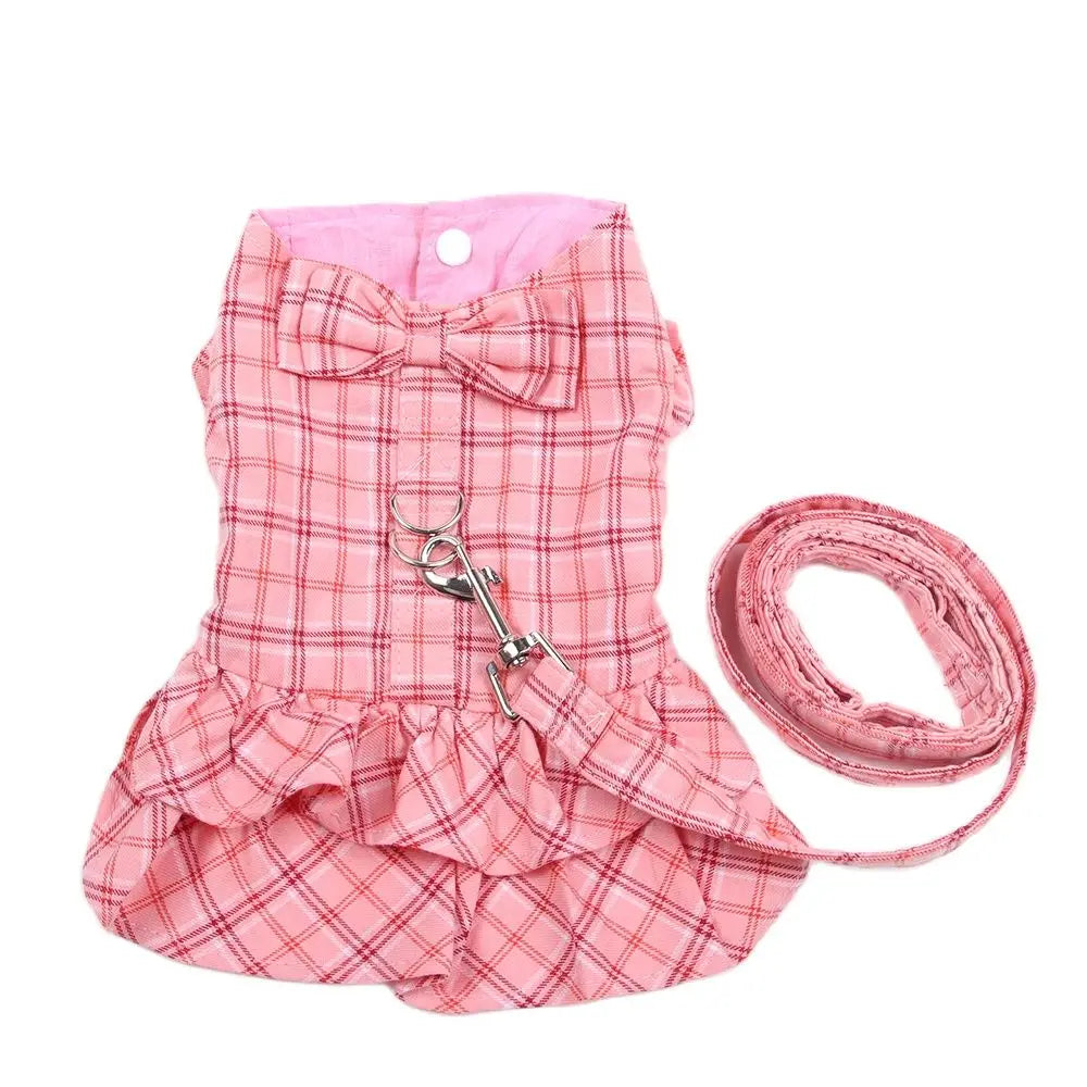 Plaid & Bow Dog Dress with Leash A0067