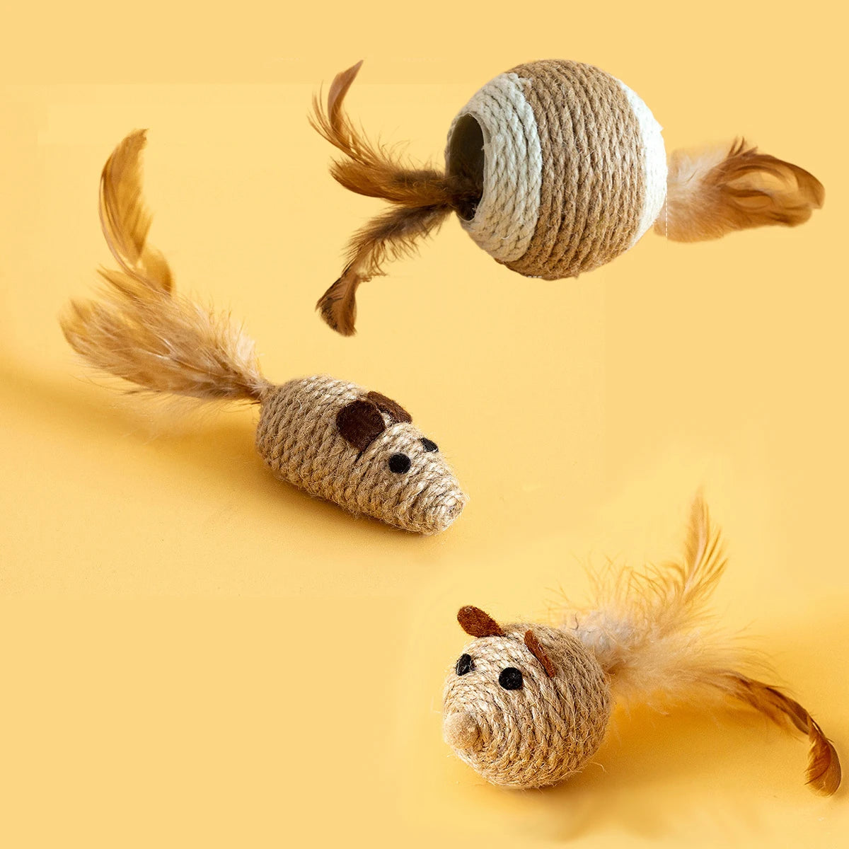 3pcs Sisal Cat Toys with Feathers & Rattle A0228