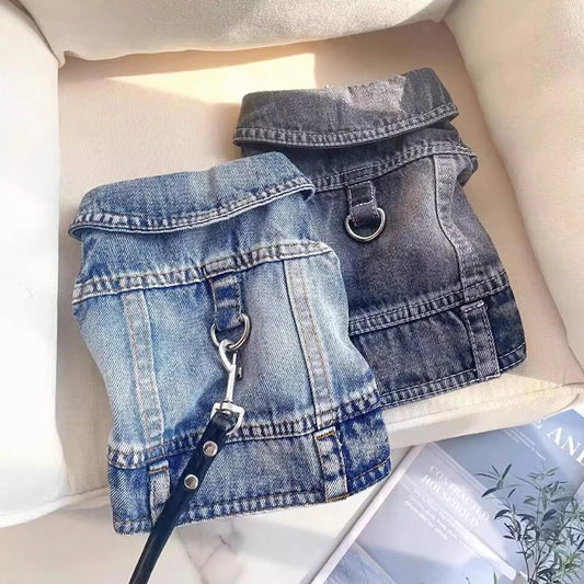 Denim Dog Jacket with Leash A0058