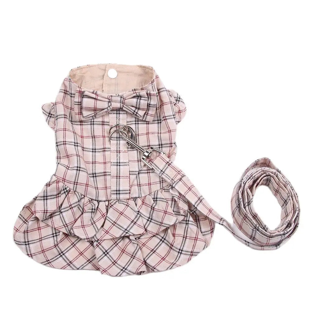 Plaid & Bow Dog Dress with Leash A0067