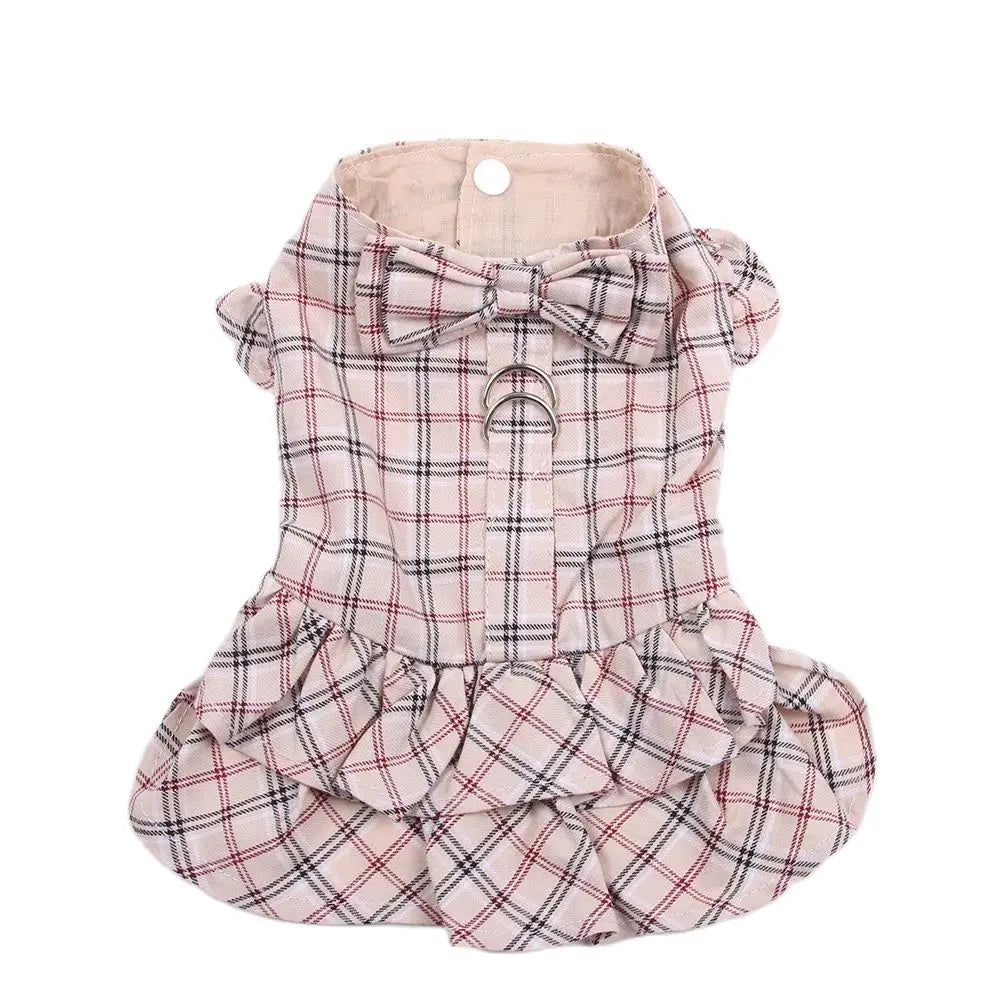 Plaid & Bow Dog Dress with Leash A0067