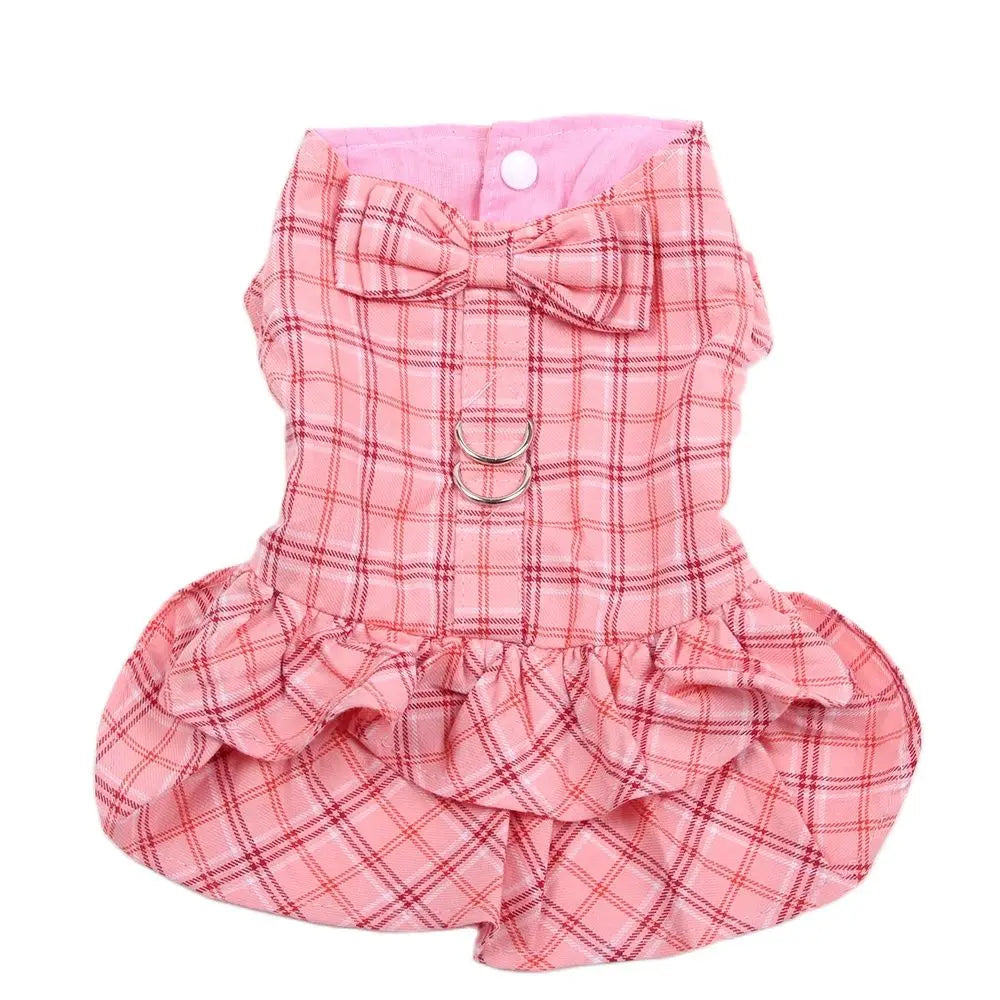 Plaid & Bow Dog Dress with Leash A0067