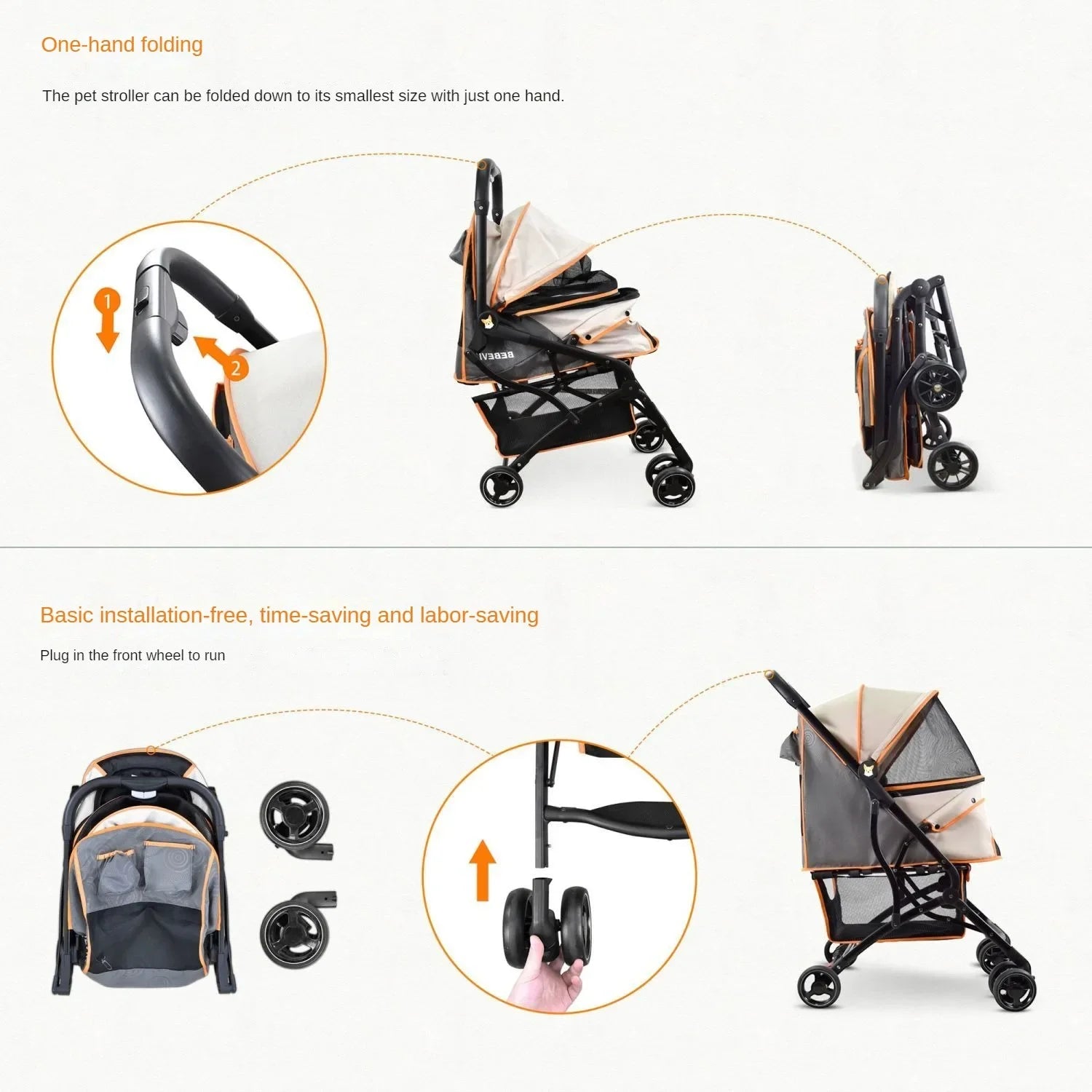 Foldable Pet Stroller, Shock-Absorbing. A0013